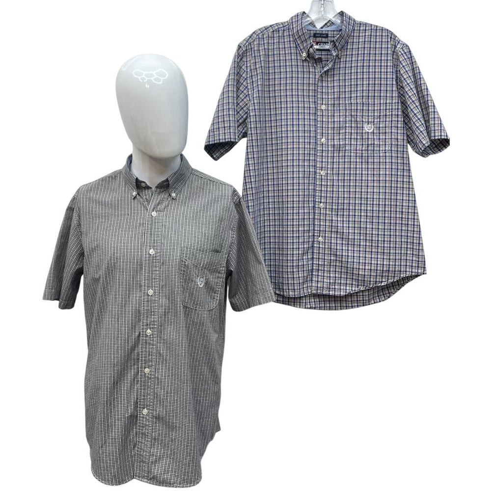Lot of 2 Chaps Mens Shirt Medium Short Sleeve Easy Care Plaid Gingham Check Read